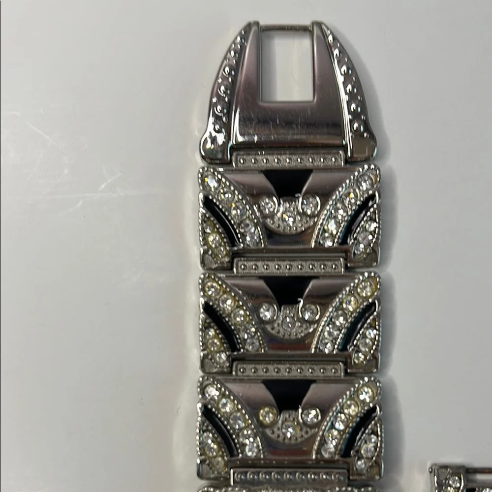 Vintage Dejuno Art Deco silver and black sparkly wide metal quartz watch